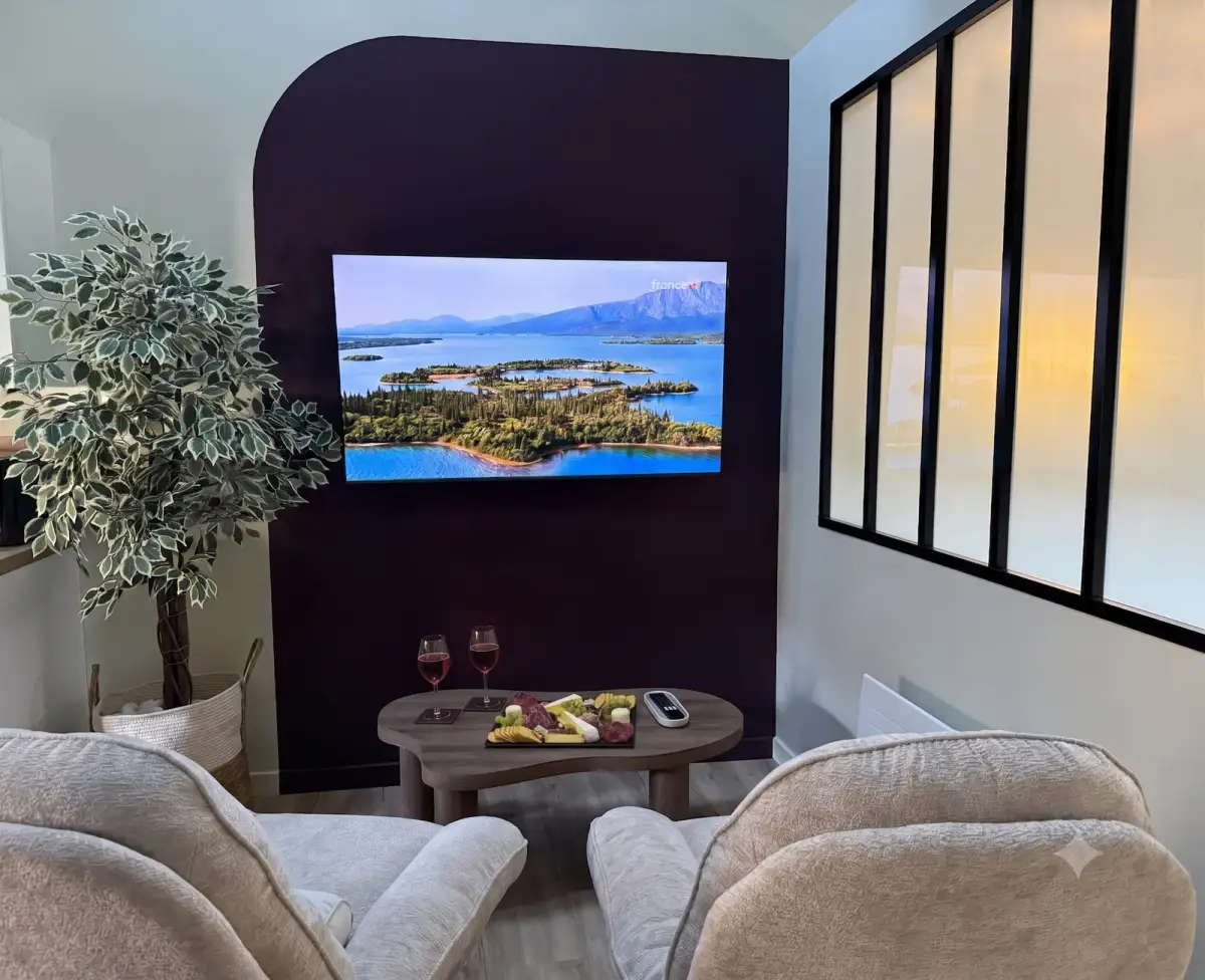 Coin salon, fauteuils en bouclette, téléviseur mural et planche apéritive avec vin — Bulle Rochoise, Bulles et Cocon